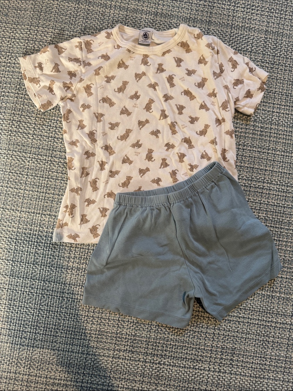 Petit Bateau Cream Tee with Brown Animal Print & Blue Shorts